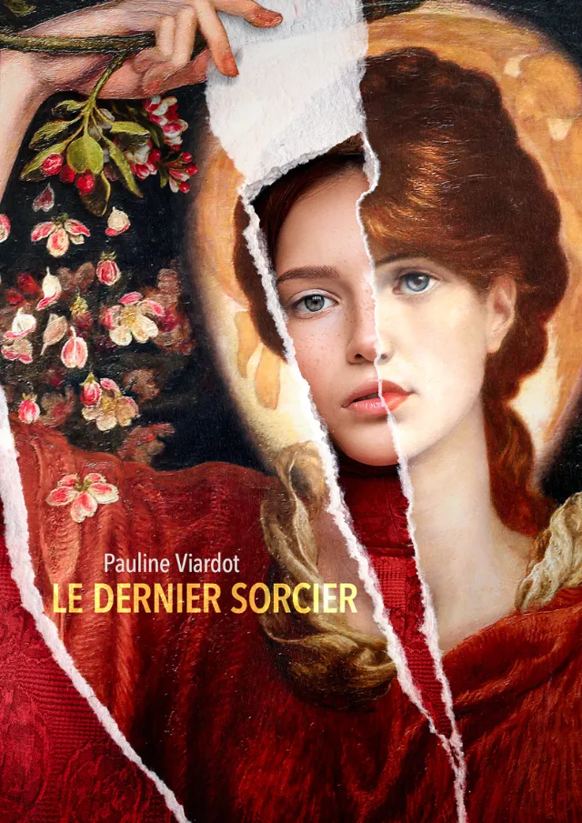 Torn painting of woman with saint halo by Patrick Boyer