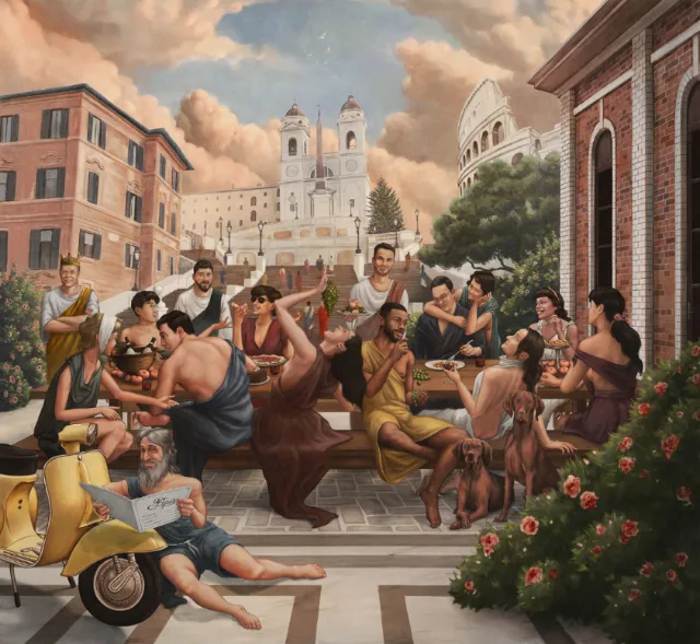Colorful historic plaza scene with people and yellow scooter by Diego Abreu