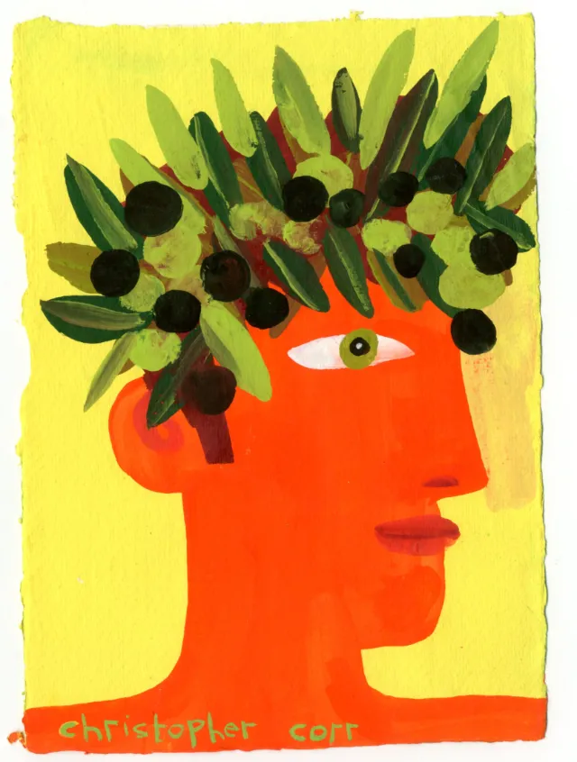 Abstract red head with olive leaf crown by Christopher Corr