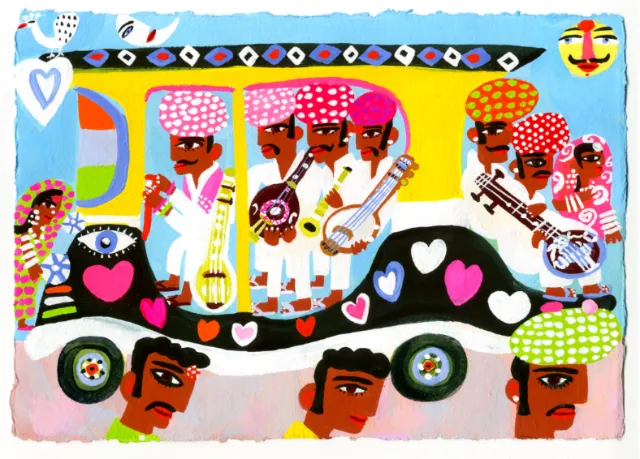Colorful illustration of musicians on a decorated car by Christopher Corr