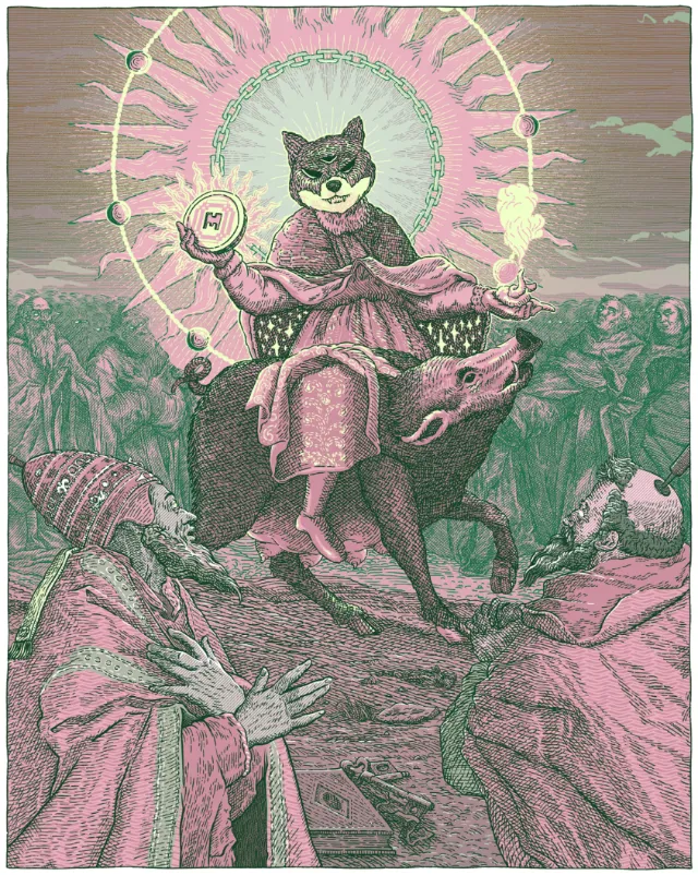 Cat figure in robes riding a boar with moons and people around, Studio Duco