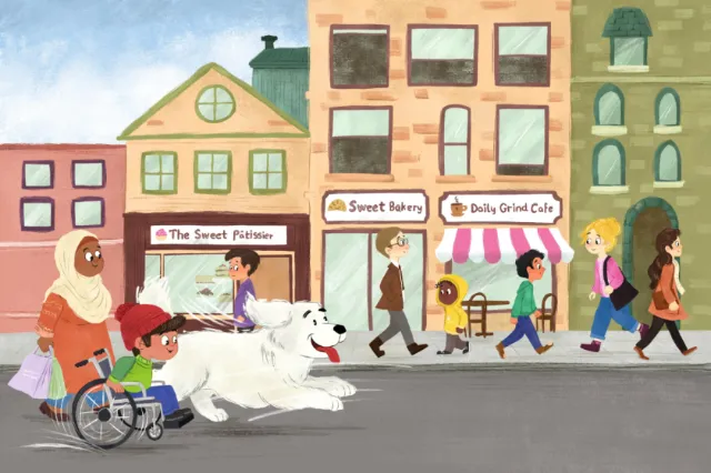 City street scene with people and a dog running by cafes by Dalia Awad