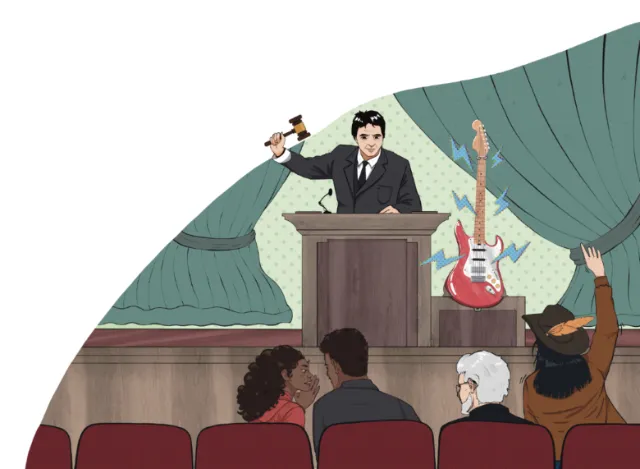 Auctioneer raising gavel near red electric guitar during auction by Yogi Fahmi Riandito