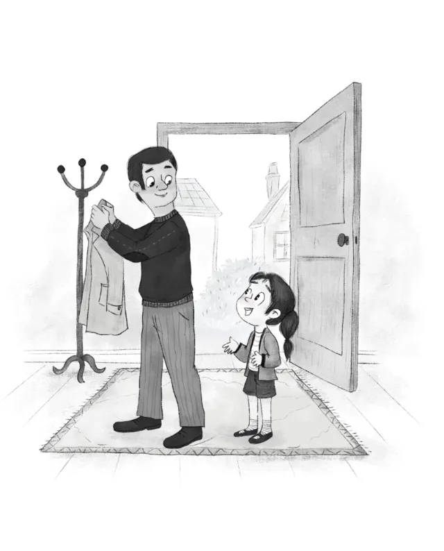 A father hangs a coat while his daughter looks up smiling, artwork by Dalia Awad