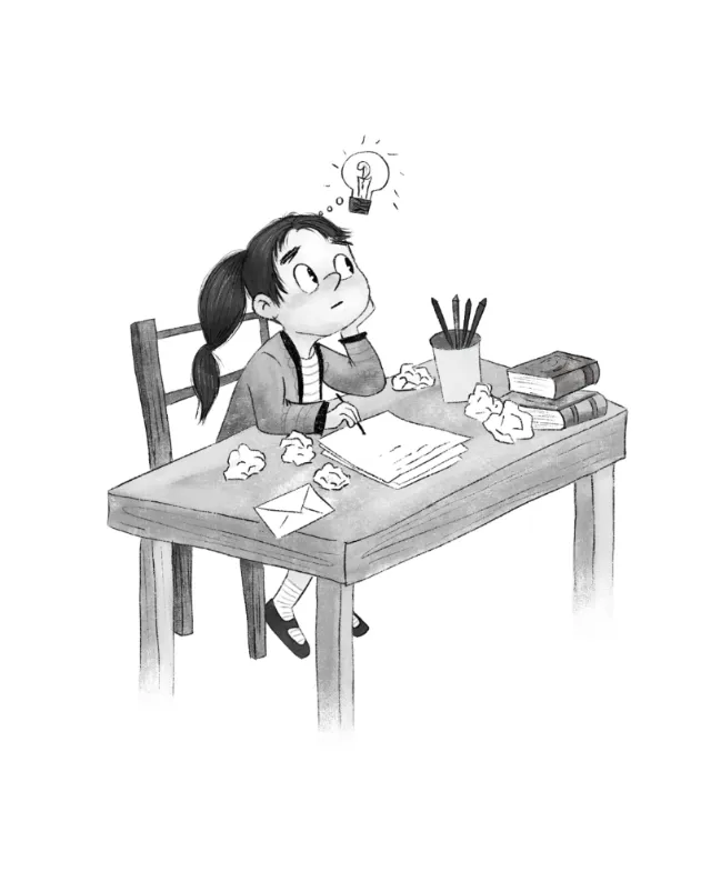 Girl sitting at desk thinking with light bulb above her head by Dalia Awad