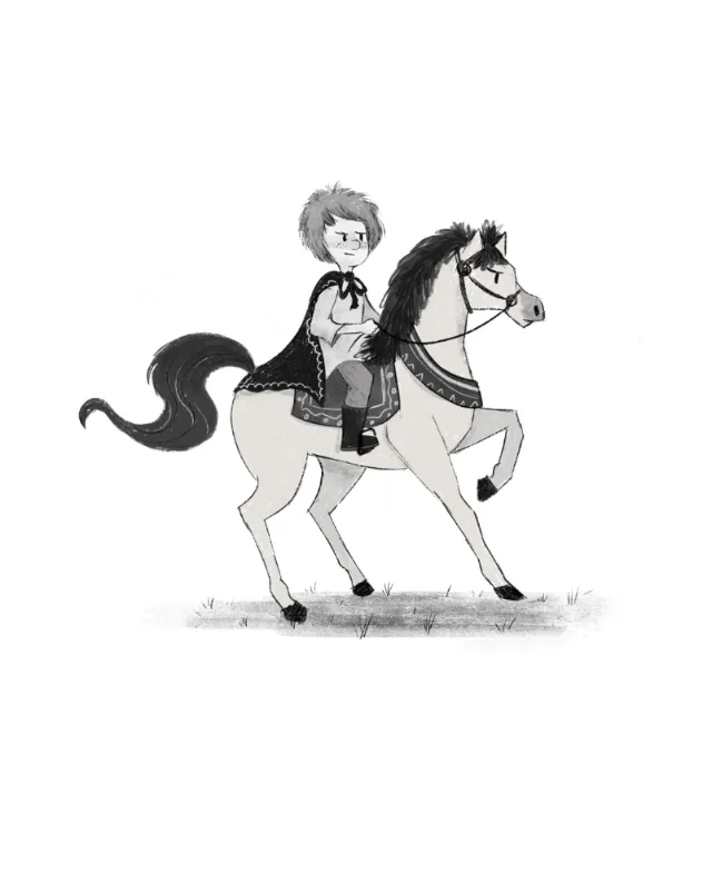 Child riding horse black and white illustration by Dalia Awad