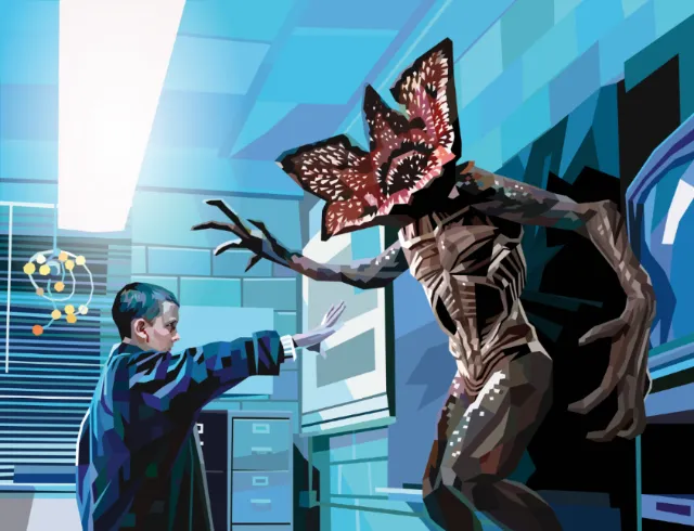 Stranger Things Eleven using powers against Demogorgon monster by Liam Brazier