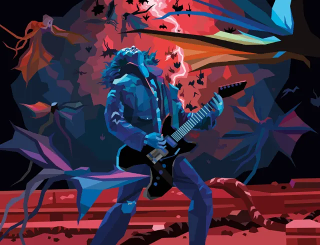 Rock guitarist playing electric guitar with bats flying, by Liam Brazier