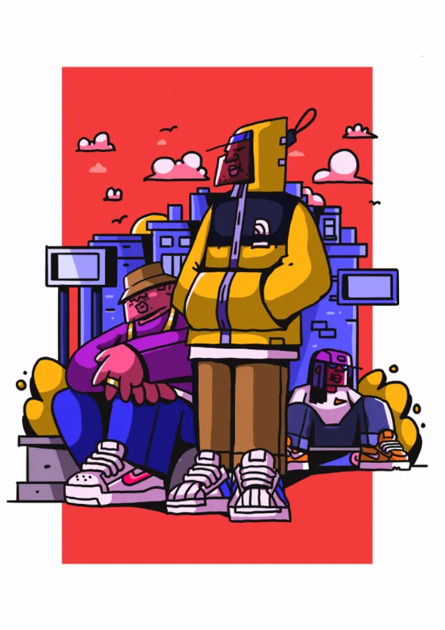 Three characters lounging in urban setting, box-headed figure in center by Mpumelelo Bhengu