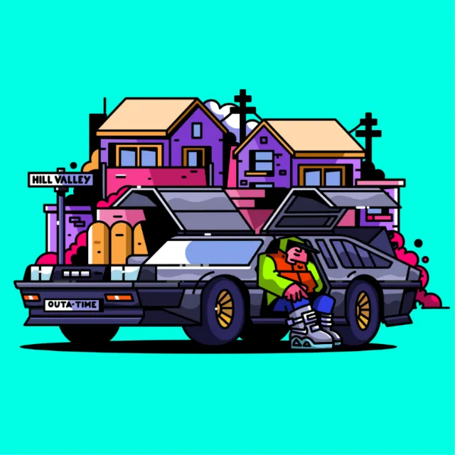 Character sitting inside iconic Delorean car from Back to the Future by Mpumelelo Bhengu