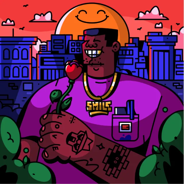 Smiling man holding a flower with a bright sun and city background, by Mpumelelo Bhengu