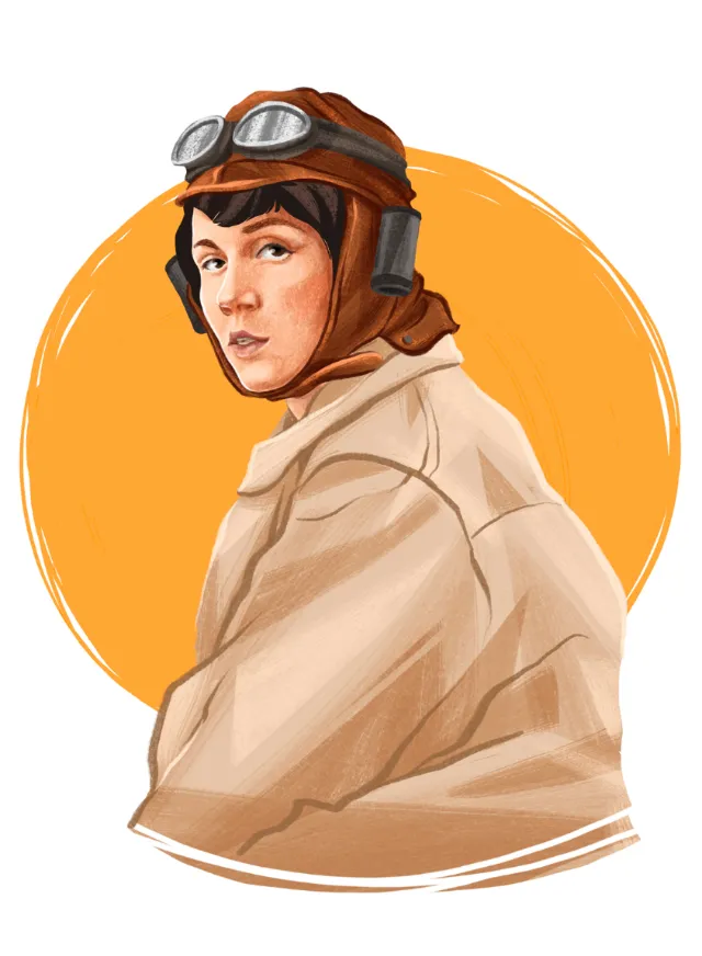 Digital portrait of a woman in vintage pilot goggles and leather cap by Katharina Madesta