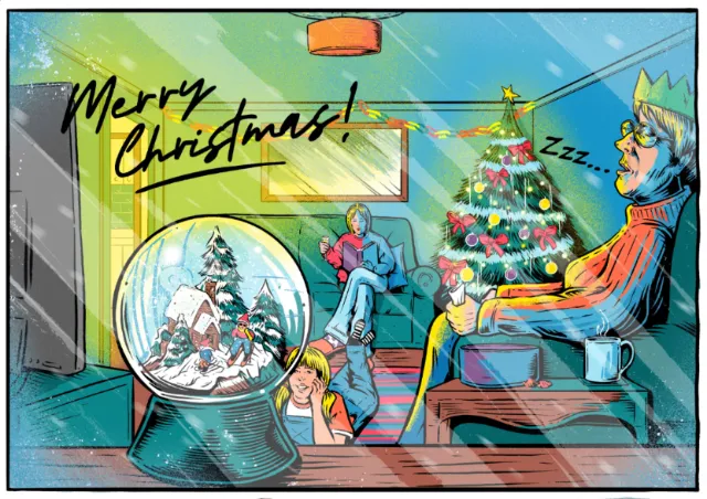 Christmas living room scene with decorated tree and snow globe by Cat Sims