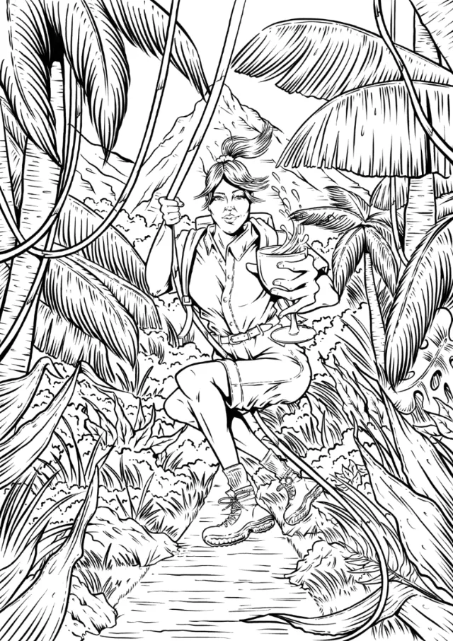 Line art of person navigating dense jungle foliage, by Cat Sims