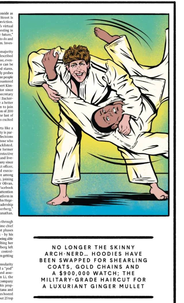 Mark Zuckerberg practicing jujitsu in white gi, illustration by Cat Sims