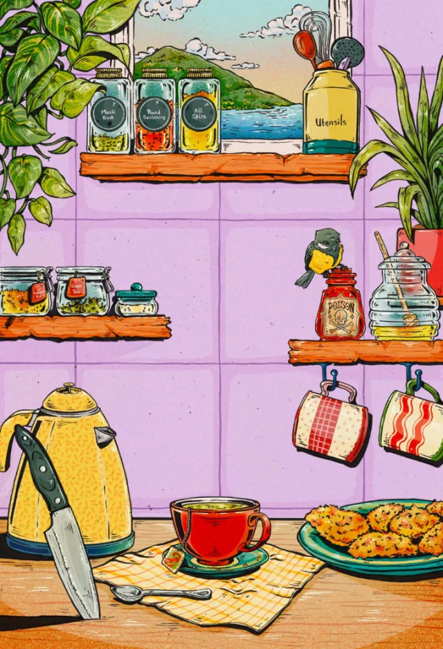 Kitchen counter with tea, cookies, jars, and plants by window, art by Chelsy Escalona