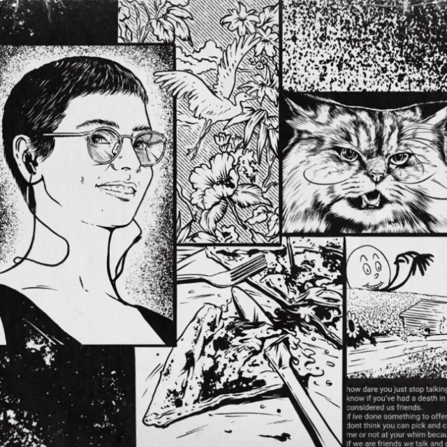 Black and white comic collage with woman, cat, pizza, and text by Cat Sims