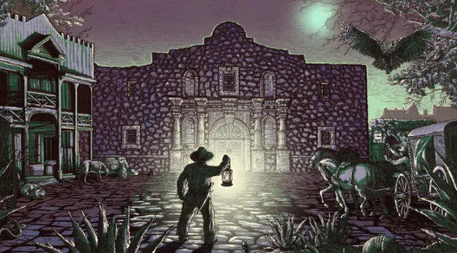 Illustration of a man with lantern facing a stone building at night by Studio Duco