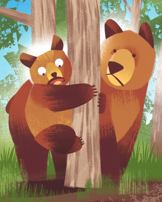 Illustration of a baby bear cub clinging to a tree with an adult bear nearby by Drew Bardana