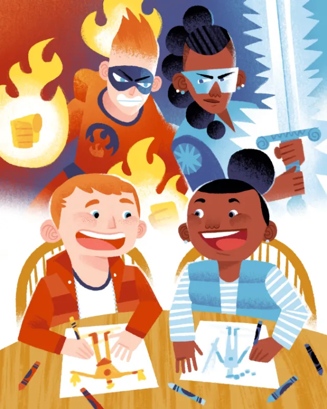 Two children drawing superheroes while imagining fiery powers by Drew Bardana