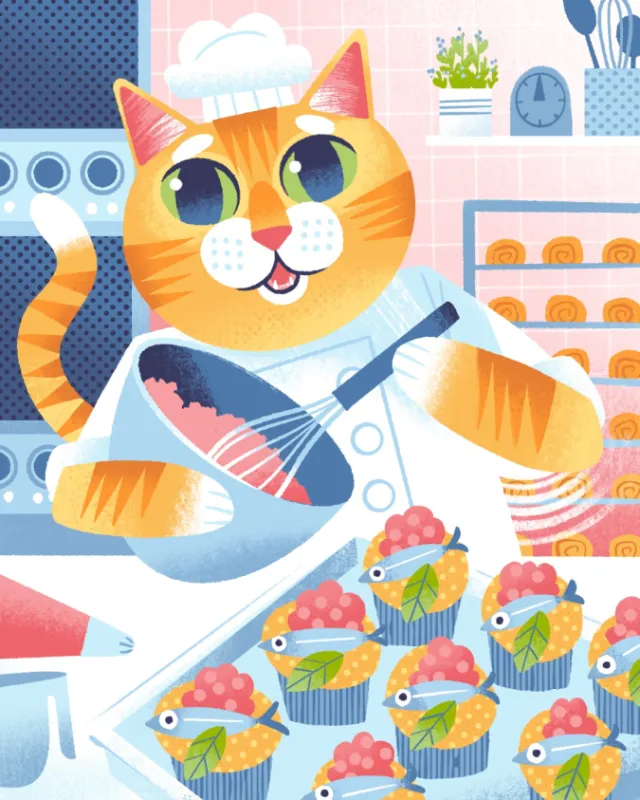 Illustration of cat chef cooking fish cakes by Drew Bardana