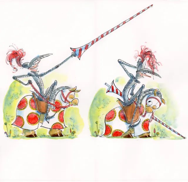 Two whimsical knights holding long striped lances by Agnès Ernoult