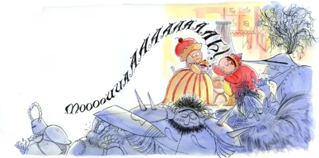 Whimsical bedtime scene with children and sleeping figure by Agnès Ernoult