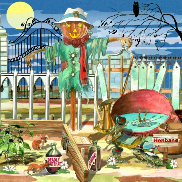Haunted garden scene with scarecrow and animals by Liam O'Farrell