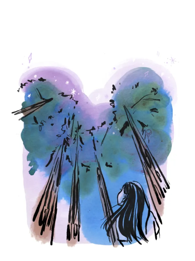 Woman looking up at starry night sky with tall trees by Briana Kranz