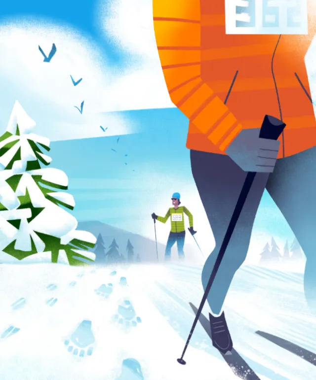 Two people cross-country skiing in snowy landscape by Drew Bardana