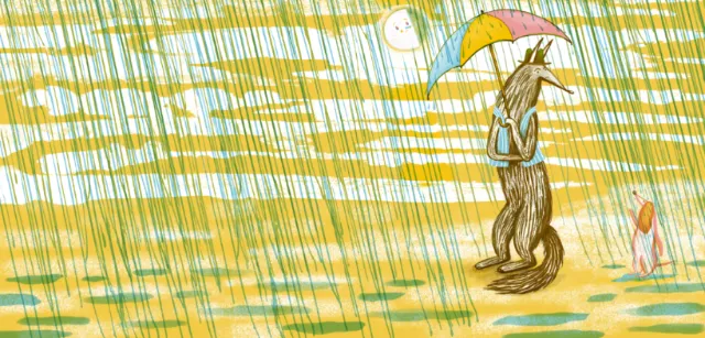 Wolf holding umbrella in rain with small figure nearby by Anne Wilson