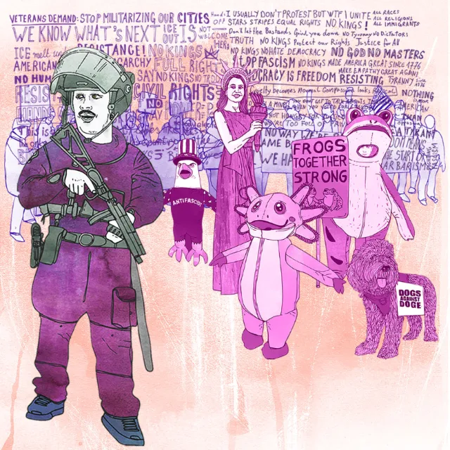 Protest illustration with soldier and figures holding signs by Tobias Göbel