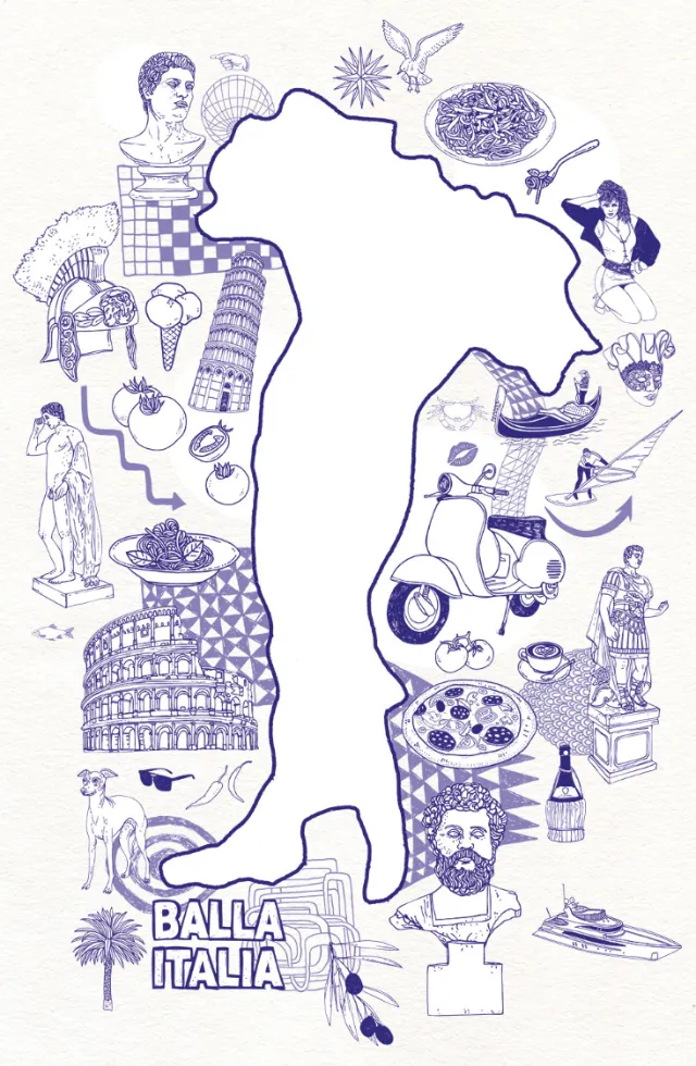 Illustration of Italy outline with Italian cultural symbols by Tobias Göbel