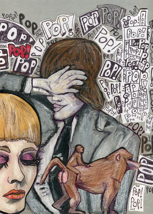 Two figures among many Pop! signs with one covering their eyes by Tobias Göbel