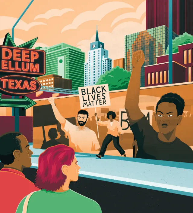 Black Lives Matter protest scene in Deep Ellum with diverse people raising fists, by Jacob Stead