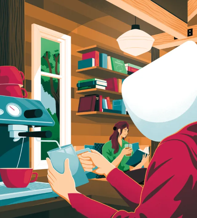 Cozy cafe interior with barista making coffee and a woman reading, artwork by Jacob Stead