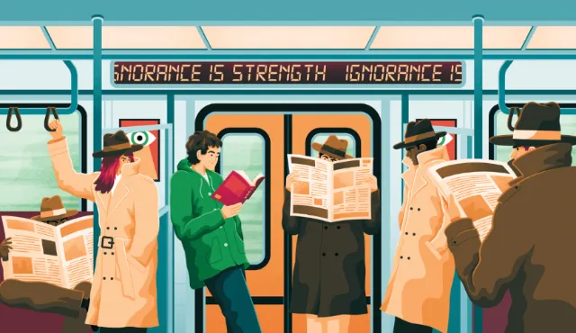 Subway commuters reading newspapers and book with electronic sign by Jacob Stead