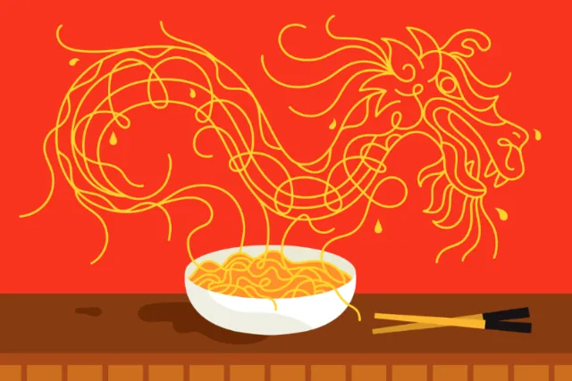 Bowl of noodles with dragon-shaped strands above, illustration by Greg Straight
