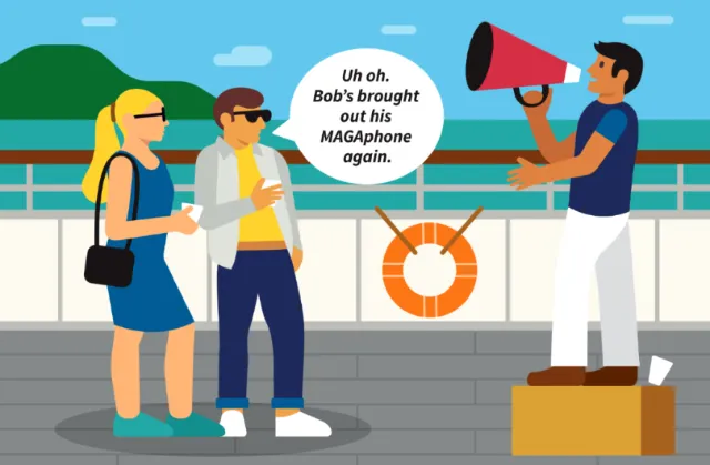 Man uses megaphone to talk to people on pier by water by Greg Straight