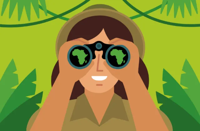Explorer looking through binoculars in jungle by Greg Straight