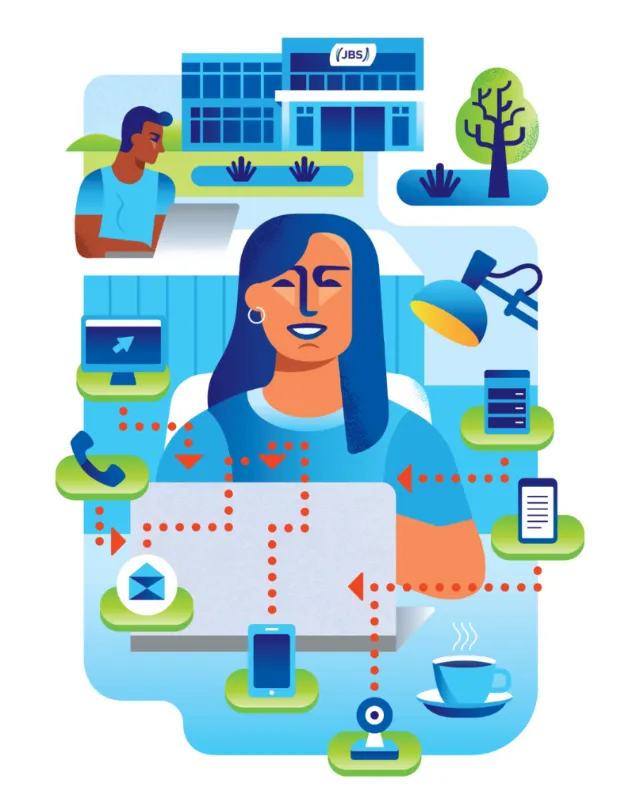 Remote support woman interacting with multiple digital devices and communication tools by Greg Strai