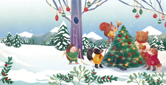 Animals decorating Christmas tree in snowy forest by Teresa Alberini