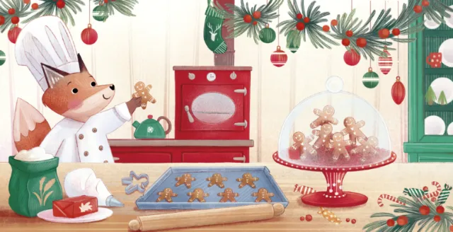 Christmas kitchen scene with fox chef baking gingerbread cookies by Teresa Alberini
