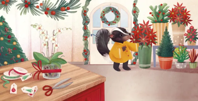 Holiday flower shop scene with a badger and Christmas plants by Teresa Alberini