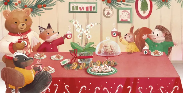 Animals gathered around a Christmas table celebrating the holiday, Teresa Alberini