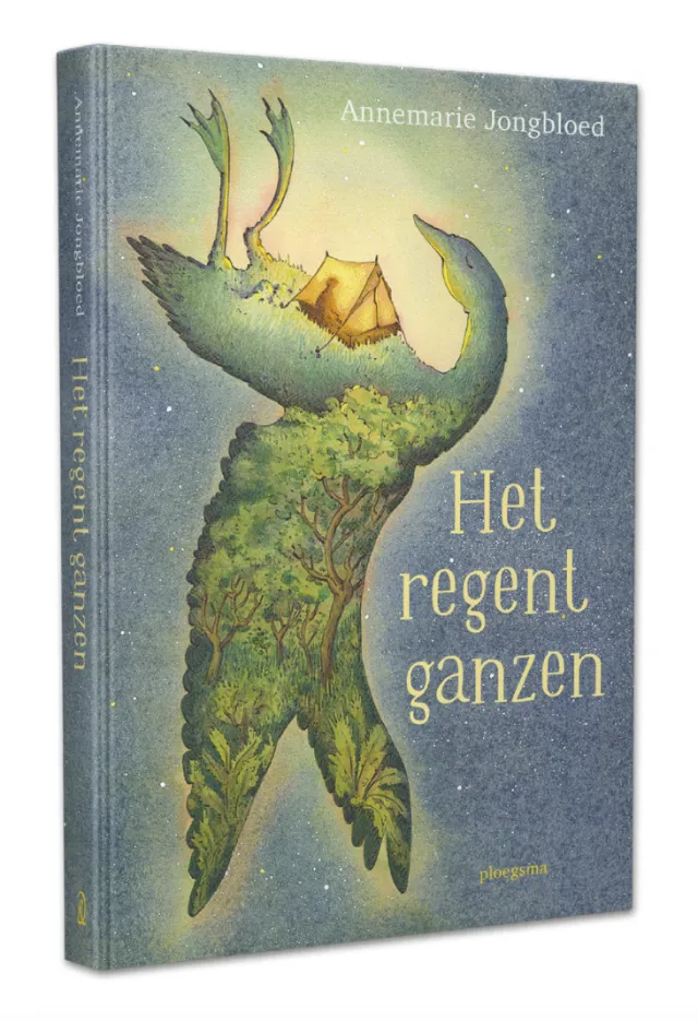 Book cover showing a green creature with a tent, by Marieke Nelissen