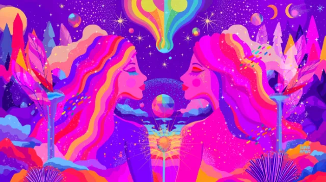 Colorful psychedelic portrait of two women facing each other by Superama