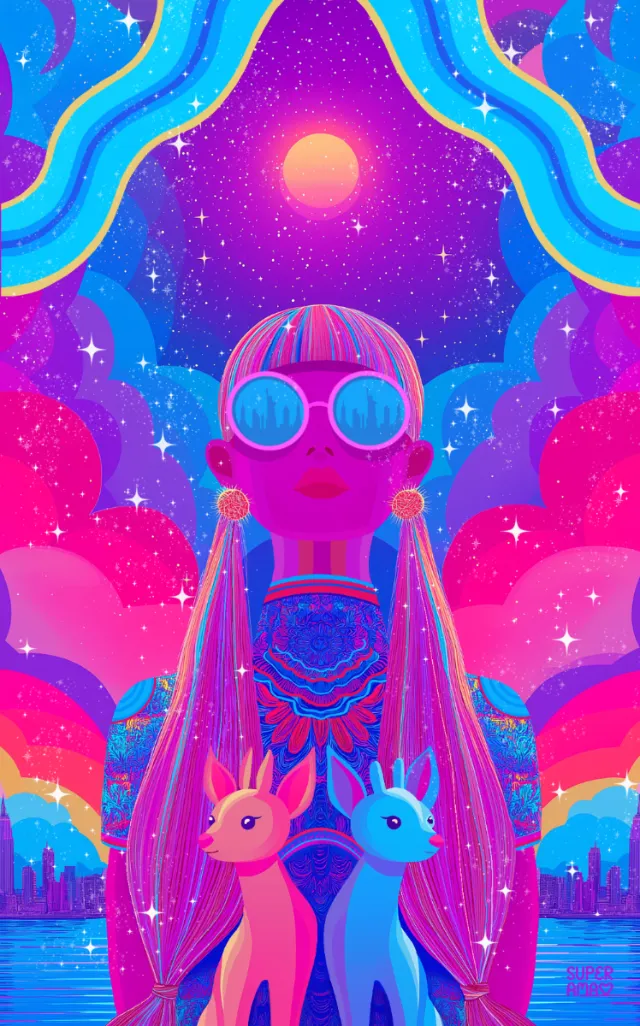 Psychedelic woman with sunglasses and two mystical deer under cosmic sky by Superama