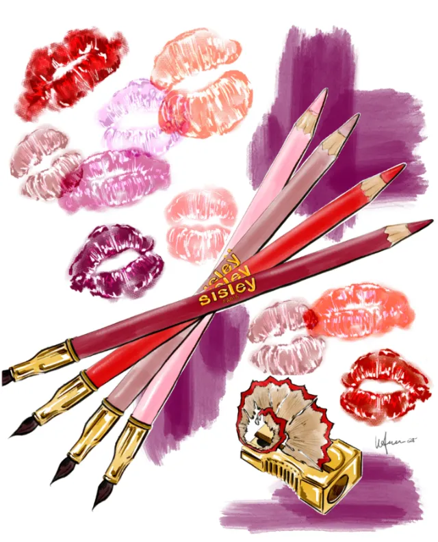 Colored pencils, lipstick kiss marks, and pencil shavings by Elly Azizian