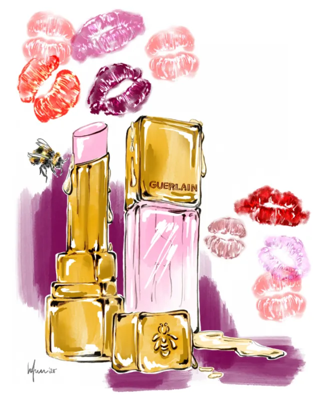 Illustration of Guerlain lipstick and nail polish with colorful kiss marks and a bee by Elly Azizian